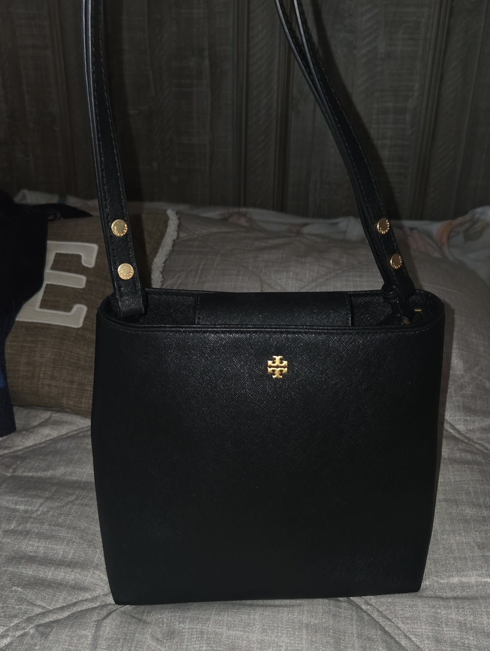 Tory Burch Black Leather Shoulder Bag with Gold Hardware